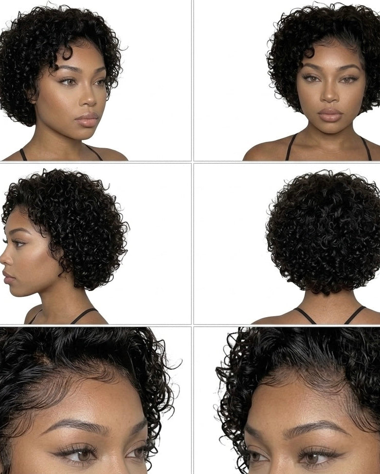 8 inch curly pixie wig shown from the front, side and back, with a close-up of the hairline