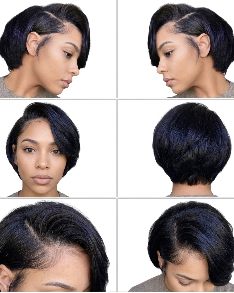 8 inch straight pixie wig shown from the front, side and back, with a close-up of the hairline