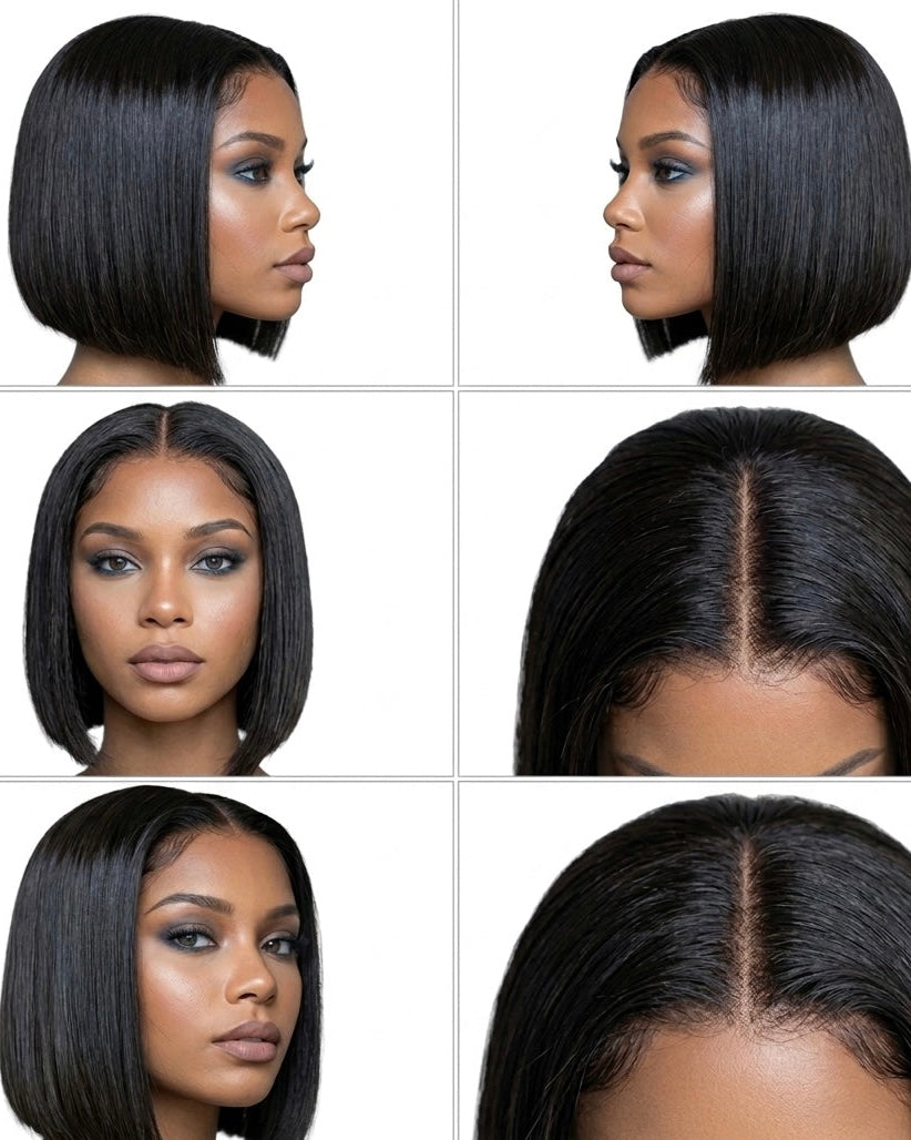 10 inch straight bob wig shown from the front, side and back, with a close-up of the lace parting