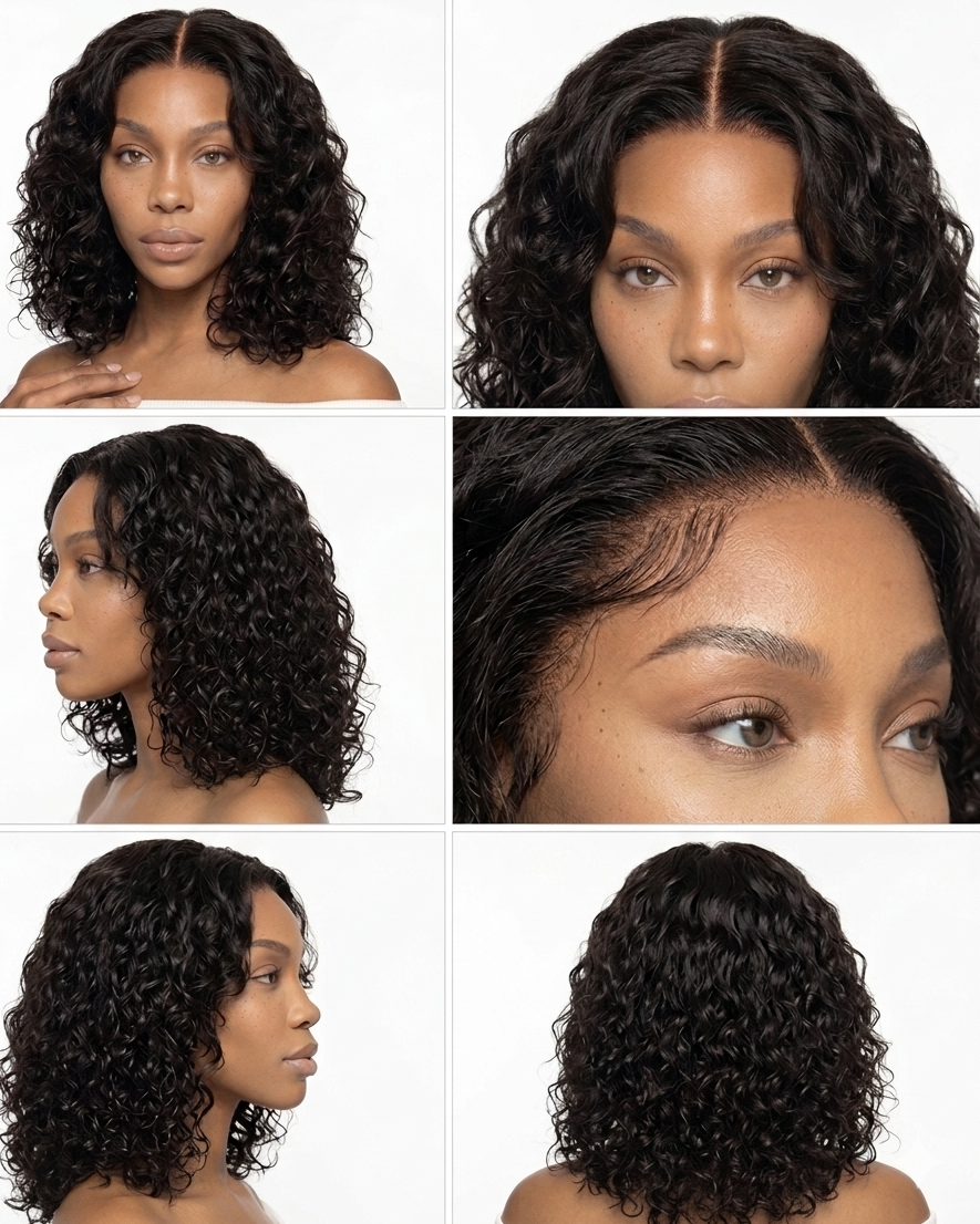 14 inch curly bob wig shown from the front, side and back, with a close-up of the lace parting