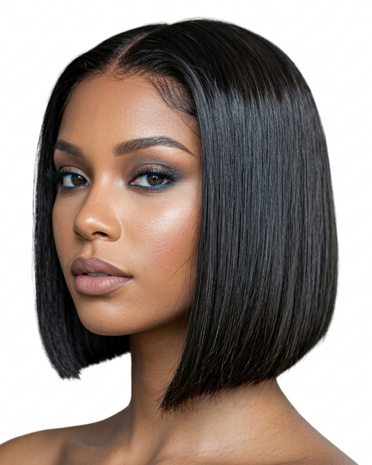 Model wearing a 10 inch straight bob wig, side profile