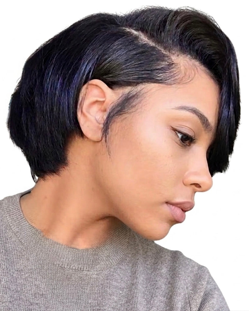 Model wearing an 8 inch straight pixie wig, side profile