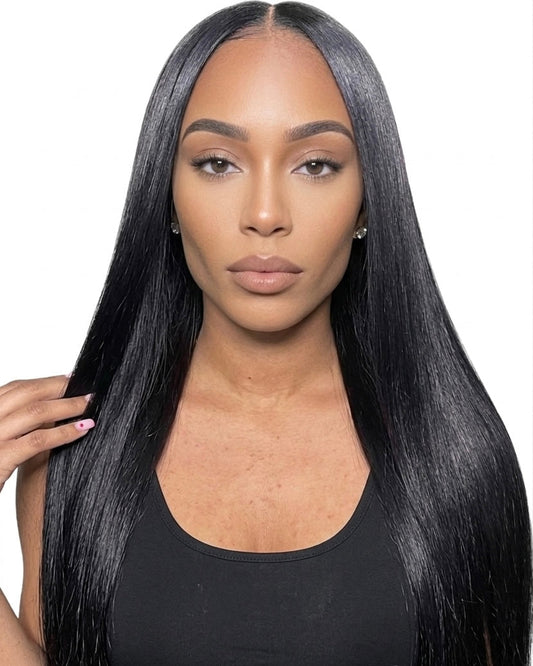 Model wearing a straight 4x4 lace closure wig, front view