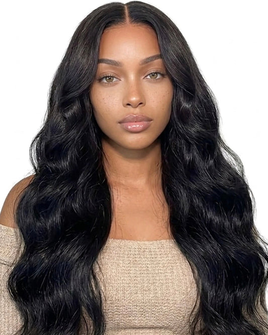 Model wearing a wavy 13x4 lace frontal wig, front view