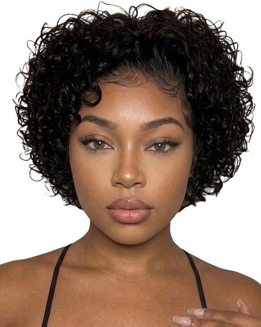 Model wearing an 8 inch curly pixie wig, front view